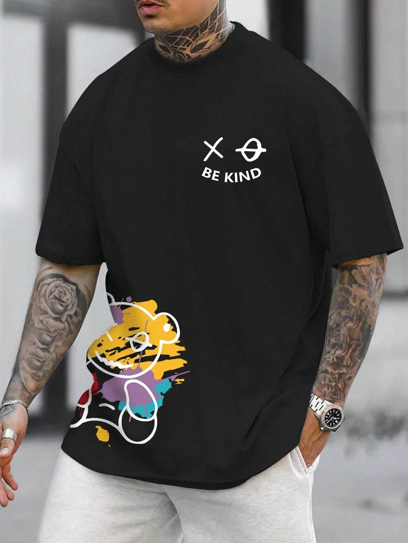 Men's 100% pure cotton summer loose size BE KIND letter cartoon print casual comfortable round neck short sleeved T-shirt top - AIAZ
