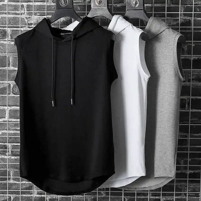 Men Tie Collar Hooded Sleeveless Vests Male Summer Loose Solid Hip Hop Tee Shirt Tops - AIAZ