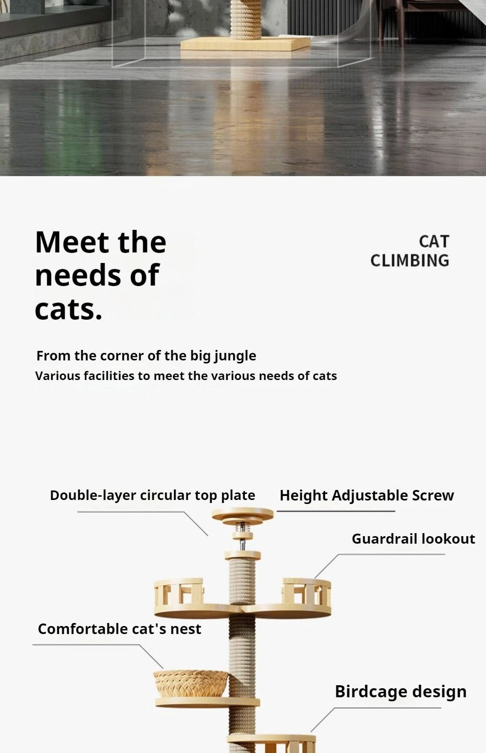 Adjustable Cat Tree House Tower Multi-function Floor To Ceiling Wooden House Tower Soft with Pet Condo Flannel Hammock Bed