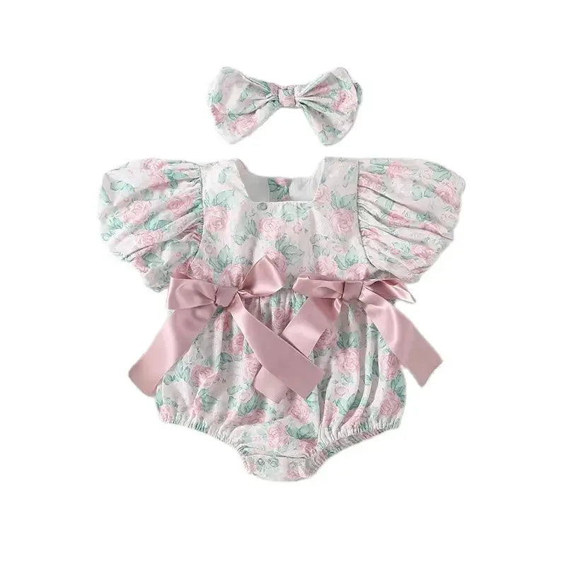 2025 Summer Girls Bodysuits Full Of Cherry Print Toddler One Piece Sweet Flying Sleeve Girls Clothes