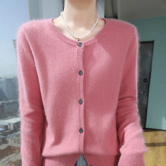 Women's Cardigan 100% Mink Cashmere Sweater,O-Neck Long Sleeve Top,Plus-Size Loose,Spring and Autumn Soft Knitted Jacket Female - AIAZ