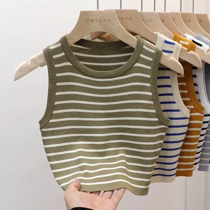 Summer Spring Striped Tank Tops Women Sleeveless Knitted T-Shirts Crop Tops Female Elastic Slim Casual Vests Pullover Camis - AIAZ