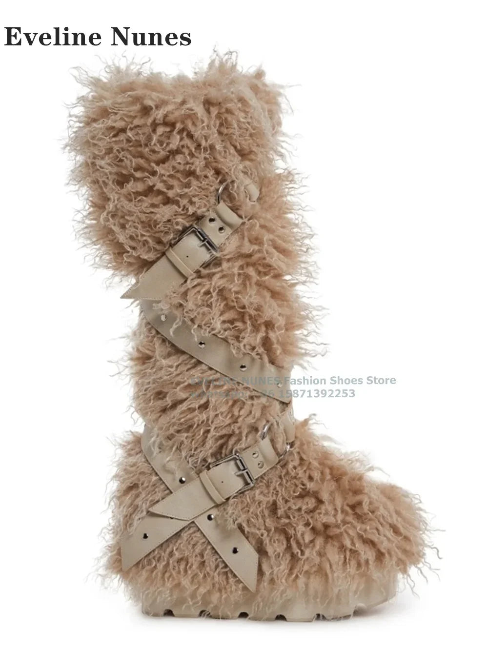 Wild Instincts Faux Fur Boots Belt Buckle White Studded Rivet Ankle Wrap Women Sexy Knee High Boots Plush Warm Spicy Girl 2024