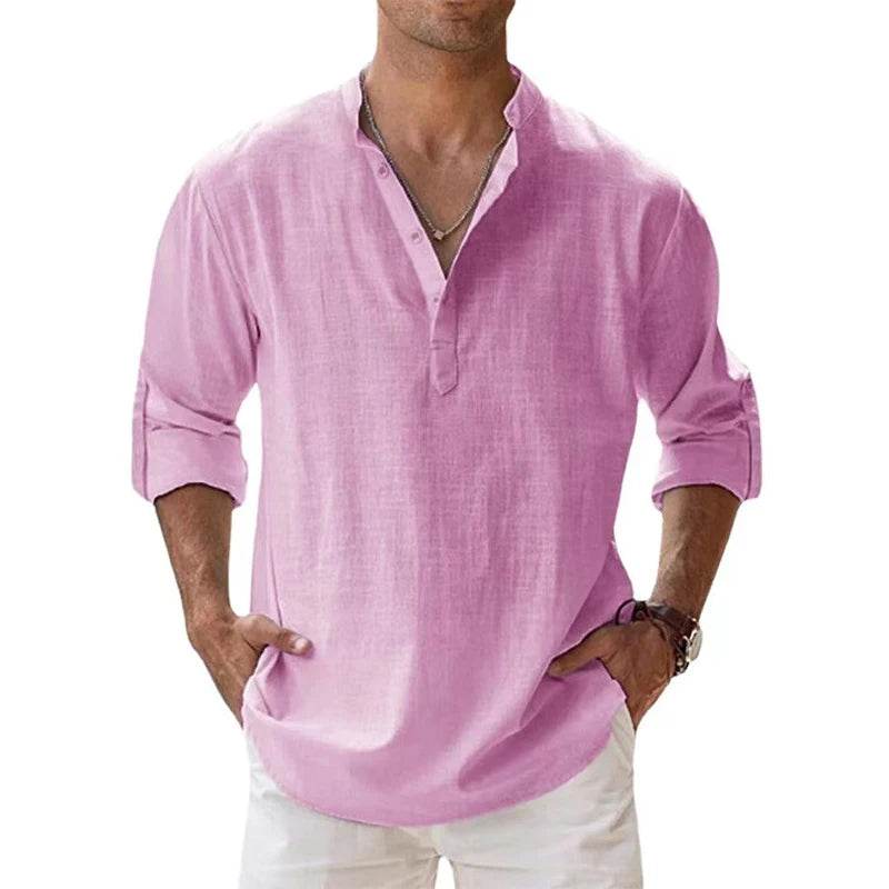 New Cotton Linen Shirts for Men Casual Shirts Lightweight Long Sleeve Henley Beach Shirts Hawaiian T Shirts for Men - AIAZ
