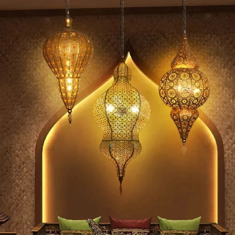 Vintage Antique Hollow Carving Pendant Lamp Southeast Asia Moroccan Golden Hanging Light Restaurant Bar Industrial Pendant Light
