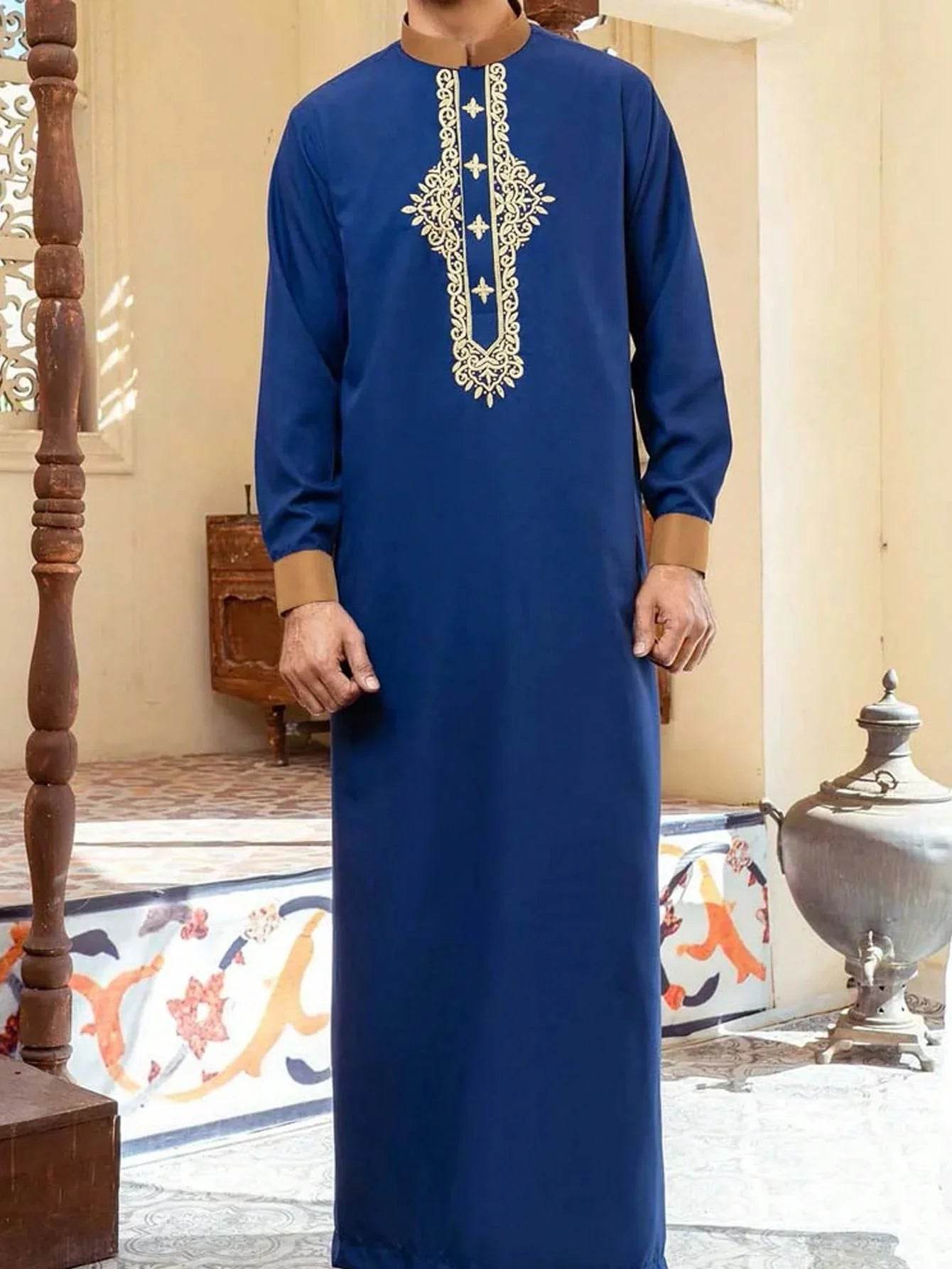 Muslim men's robe long-sleeved ethnic style embroidered stand collar Arabic clothing men's Islamic casual robe - AIAZ