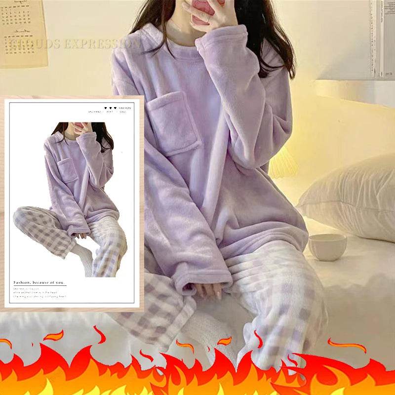 Autumn Winter Flannel Women's Pajamas Sets Polka Dots Printed Teddy Sleepwear Velvet Homewear Kawaii Girsl Pijamas Mujer Pyjama - AIAZ