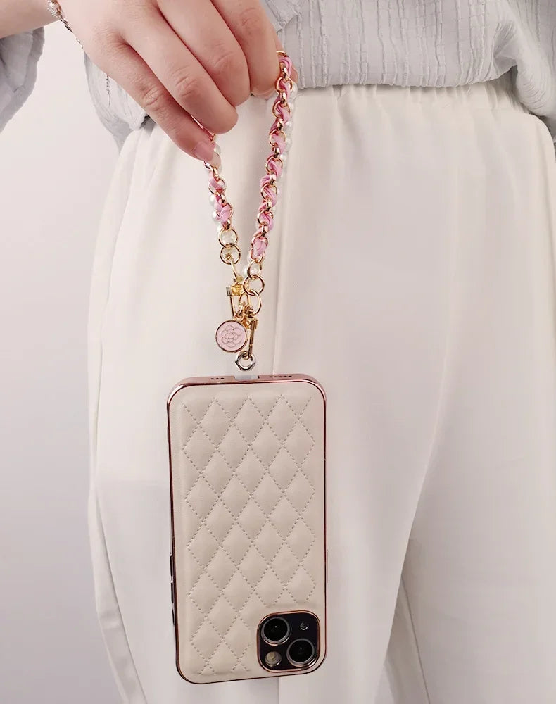 26cm Leather Pearl Camellia Mobile Phone Charm Bracelet Chain Anti-lost Universal Cell Phone Strap Rope Pendant Metal Key Chain
