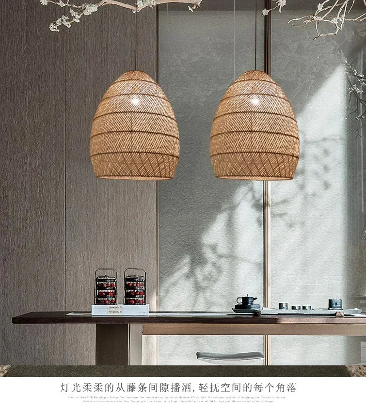 Japanese Style Wooden Woven Handmade Pendant Lights Restaurant Bedroom Study Room Chandelier Pastoral Rattan Tatami Chandeliers