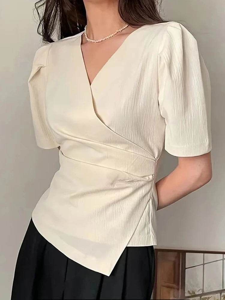 Women Blouse 2025 Spring Summer Solid Tucked V Neck Slim Blouse Elegant Short Sleeve Asymmetrical Top For Women Hot Sale - AIAZ