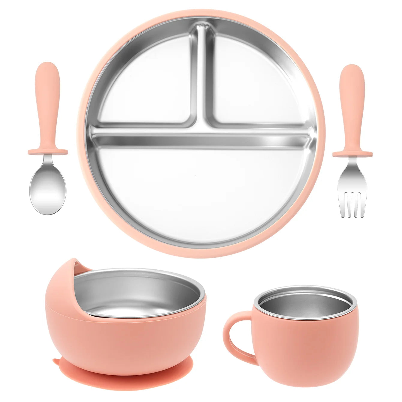 5PCS Stainless Steel Detachable Dishes Plate Baby Feeding Set With BPA Free Silicone Bowl Cup Infant Training Fork Spoon Gifts