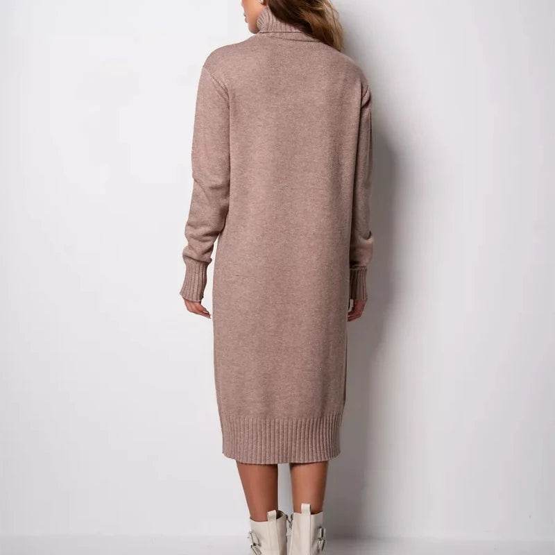 Ribbed Turtleneck Knitted Dress Women Autumn Winter Basic Long Sleeve Sweater Dress Woman Solid Color Long Dresses Female - AIAZ