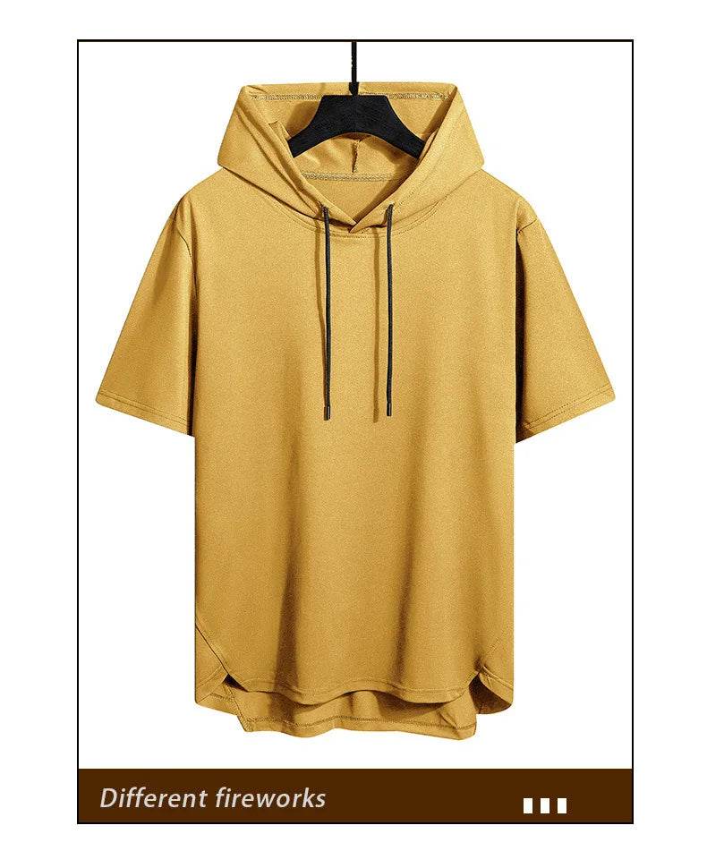 2025 Men's Summer Hoodies T-shirts Short Sleeve Solid Color Loose Hooded Drawstring Pullover Tops Basic Tees for Daily Wear Male - AIAZ