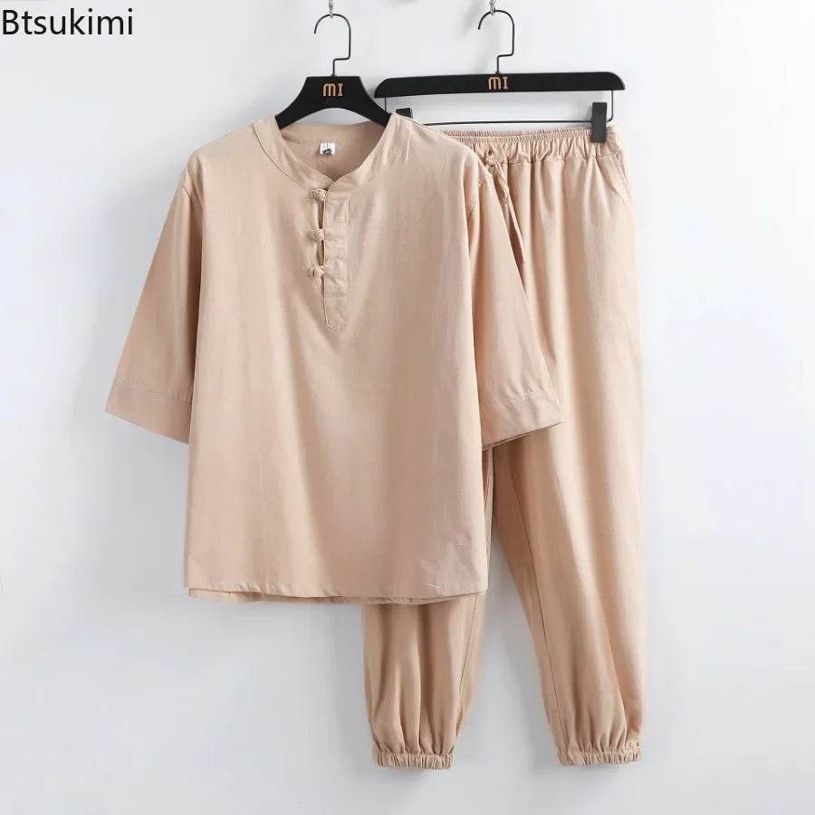 New Men's Cotton Linen Sets Chinese Style Solid Short Sleeve Pants Two Pieces Traditional Clothes Kung Fu Uniform Tang Suit Male - AIAZ