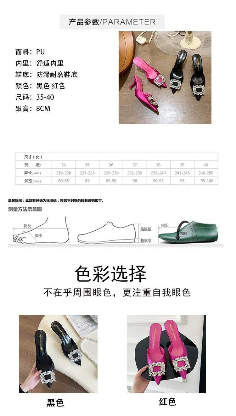 Women Sandals Summer New Slippers Pointed Toe Slingback Mules Shoes Woman Fashion Rhinestone Ladies High Heels Sexy Party Pumps - AIAZ