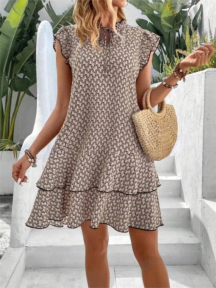 2024 Elegant Women's Casual Loose Ruffle Mini Dress Bohemian Printed V-neck Lace-up Small Flying Sleeve Dresses For Women - AIAZ