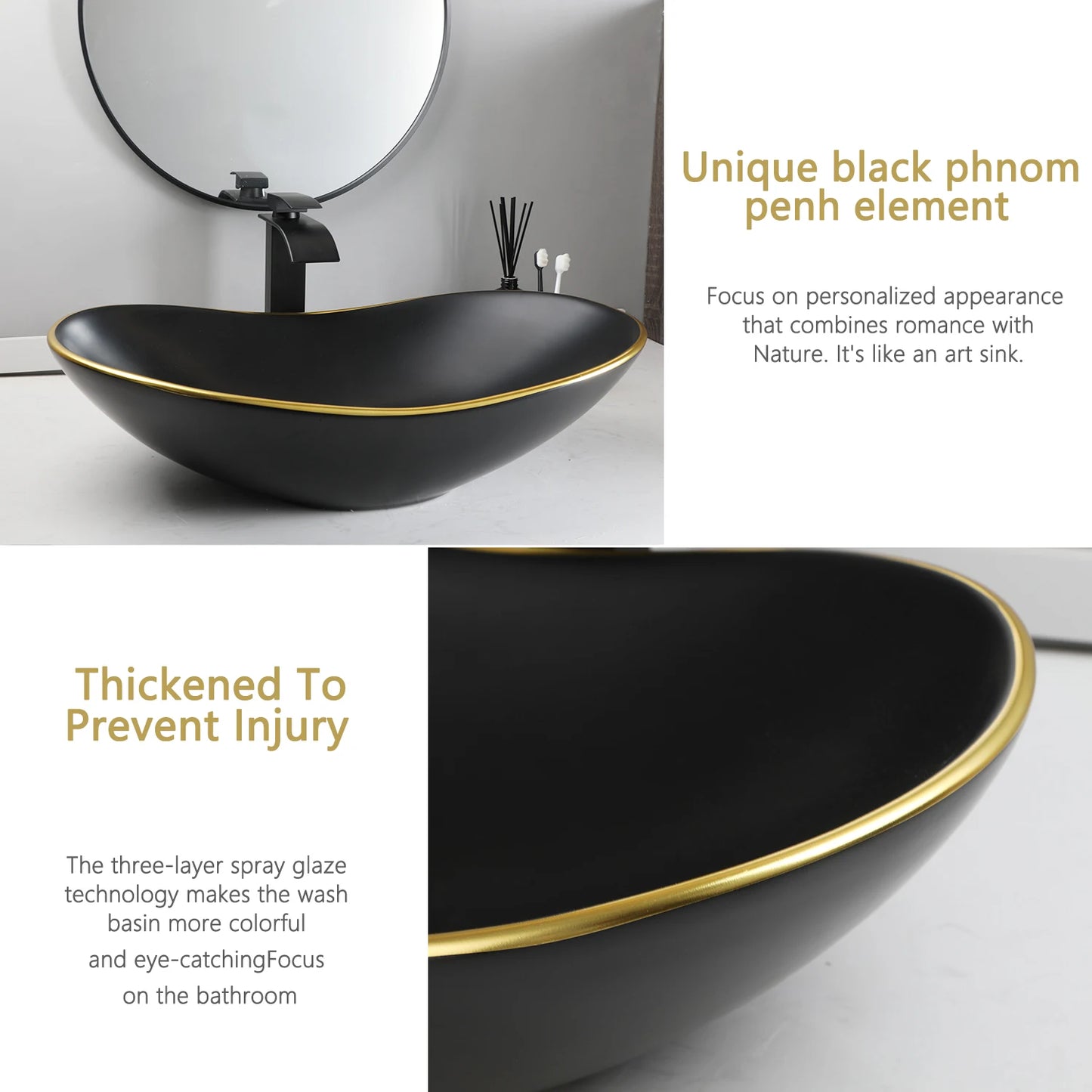 JIENI European Style Bathroom Sink Set Ceramic Washbasin Black Waterfall Faucet Pop Up Drain Combo Oval Counter Top Sinks
