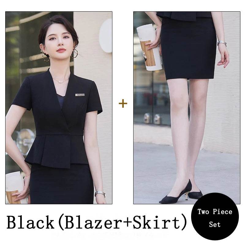 Women's Business Suits Summer Short Sleeve OL Style Office Formal Professional Work Wear Set with Skirt And Tops Career Outfit - AIAZ