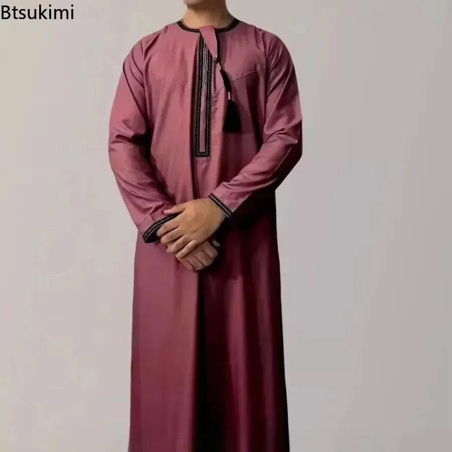 New Men's Muslim Fashion Abayas Dress O Neck Long Sleeve Pullover Kaftan Pakistan Saudi Arab Caftan Islamic Clothing Prayer Robe - AIAZ