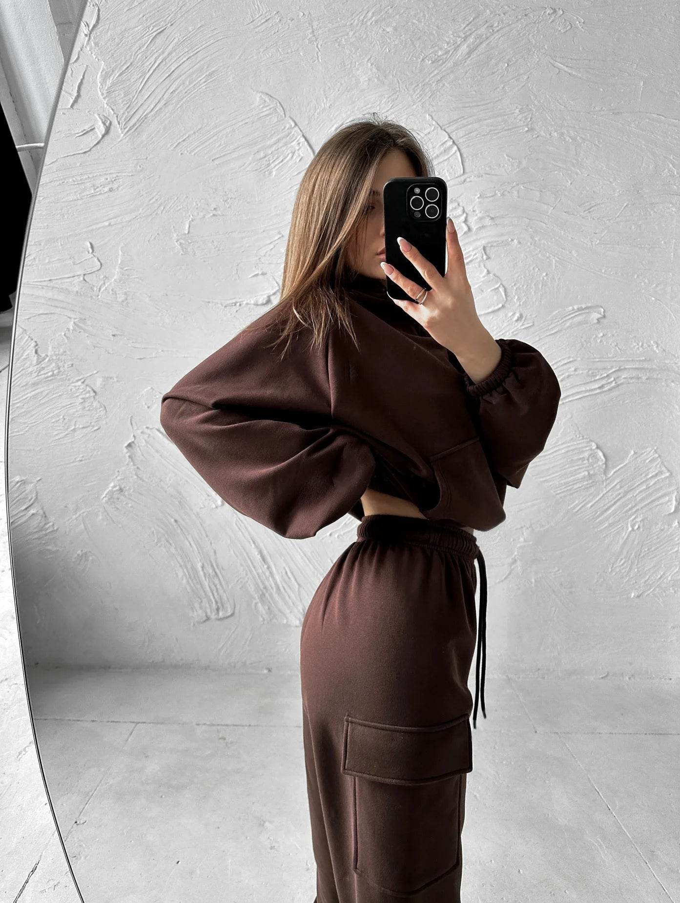 Hoodies Suit Winter Autumn Solid Casual Tracksuit Women Fleece 2 Pieces Set Sports Sweatshirts Pullover Jogger Sweatpants Outfit - AIAZ