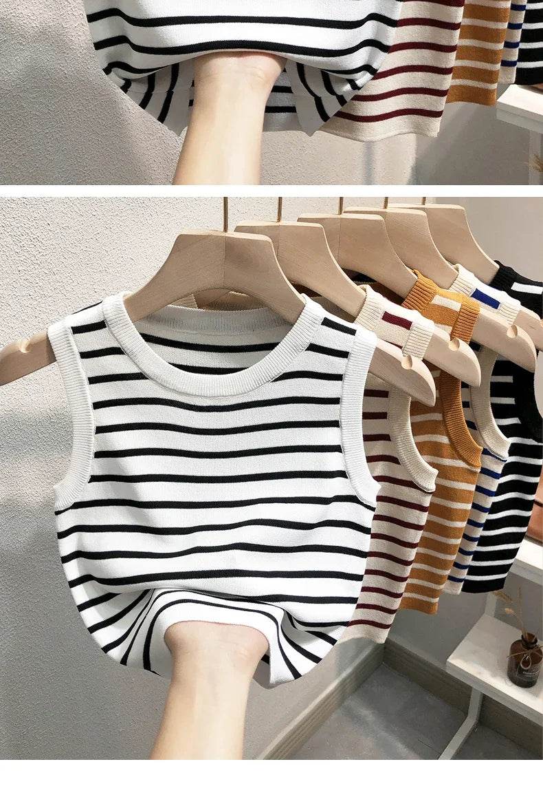 Summer Spring Striped Tank Tops Women Sleeveless Knitted T-Shirts Crop Tops Female Elastic Slim Casual Vests Pullover Camis - AIAZ