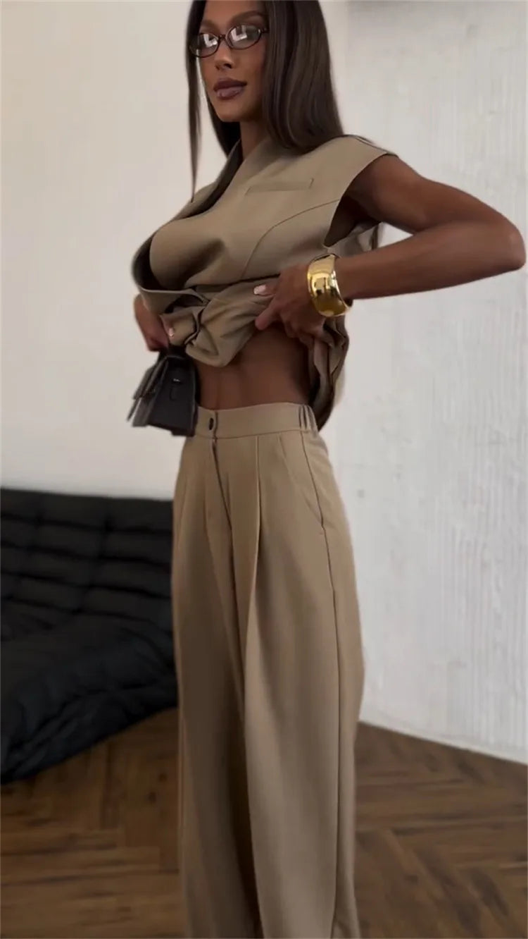 Street Slim Vest Pant Outfit Spring Women Sleeveless Double Breasted Tank Top+High Waist Zip Wide Leg Pants Summer Two Piece Set