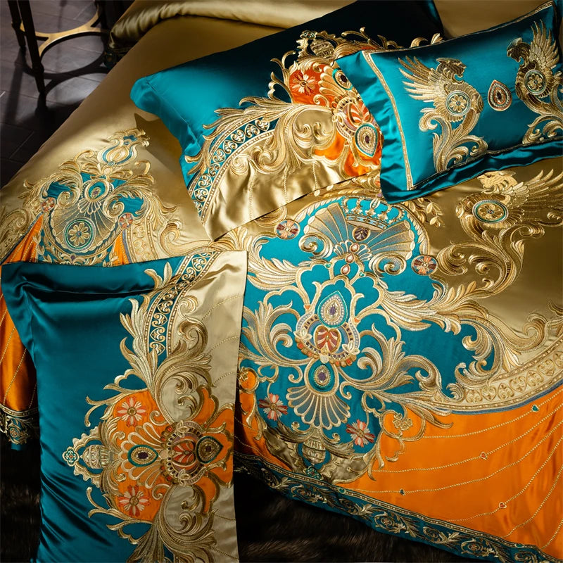 4/6/9Pcs Gorgeous European Palace Style Royal Embroidery Bedding Set Brocade Egyptian Cotton Duvet Cover Bed Sheet Pillowcases