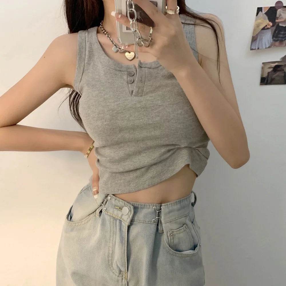 Tank Top for Women Ribbed Button Down Sleeveless Blouse Solid Color Casual Women's Teens Trendy Basic Summer Dresses - AIAZ