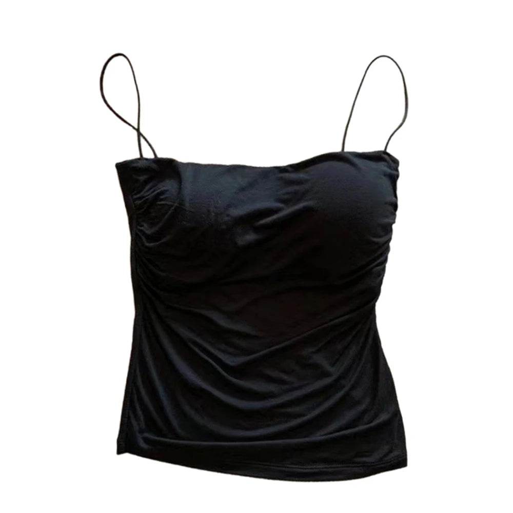 Summer Camisoles Tank Tops Women With Built In Bra Spaghetti Strap Tanks Vest Sleeveless Tees Cropped Top Solid Color Casual Top - AIAZ