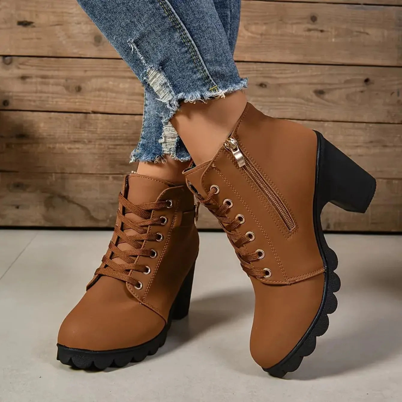 Women Boots Autumn Winter High Quality Boots Lace-up High Heels Shoes for Women Outdoor Fashion Anti-slip Boots Botas De Mujer