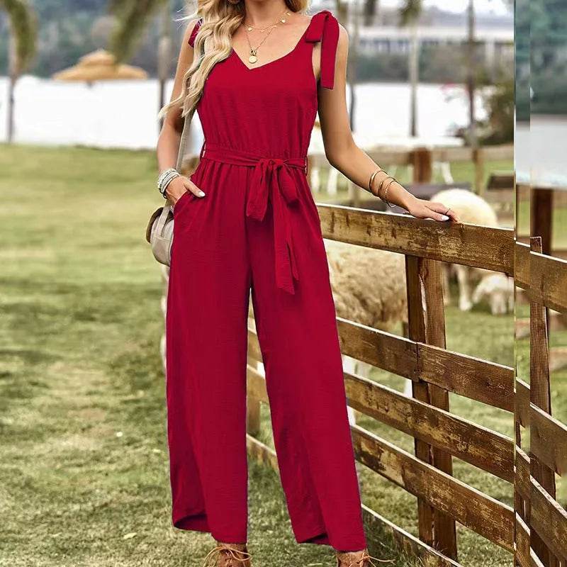 2024 Summer Women's New Commuter Style Solid Color Sexy Back V-neck Bareback Sleeveless Strap Waist Nine Part Pants Jumpsuit - AIAZ