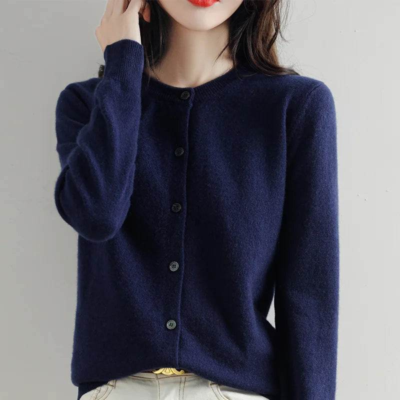 Knitted Cardigan Women's Sweater Autumn And Winter 2022 New Solid Color Coat Round Neck Short Long Sleeve Loose Korean Fashion - AIAZ