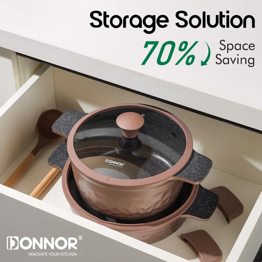 DONNOR Kitchen Cooking Set 12 Pcs Pots and Pans Set Non-toxic Healthy Pots and Pans Set Non Stick Saucepans Steamer Set