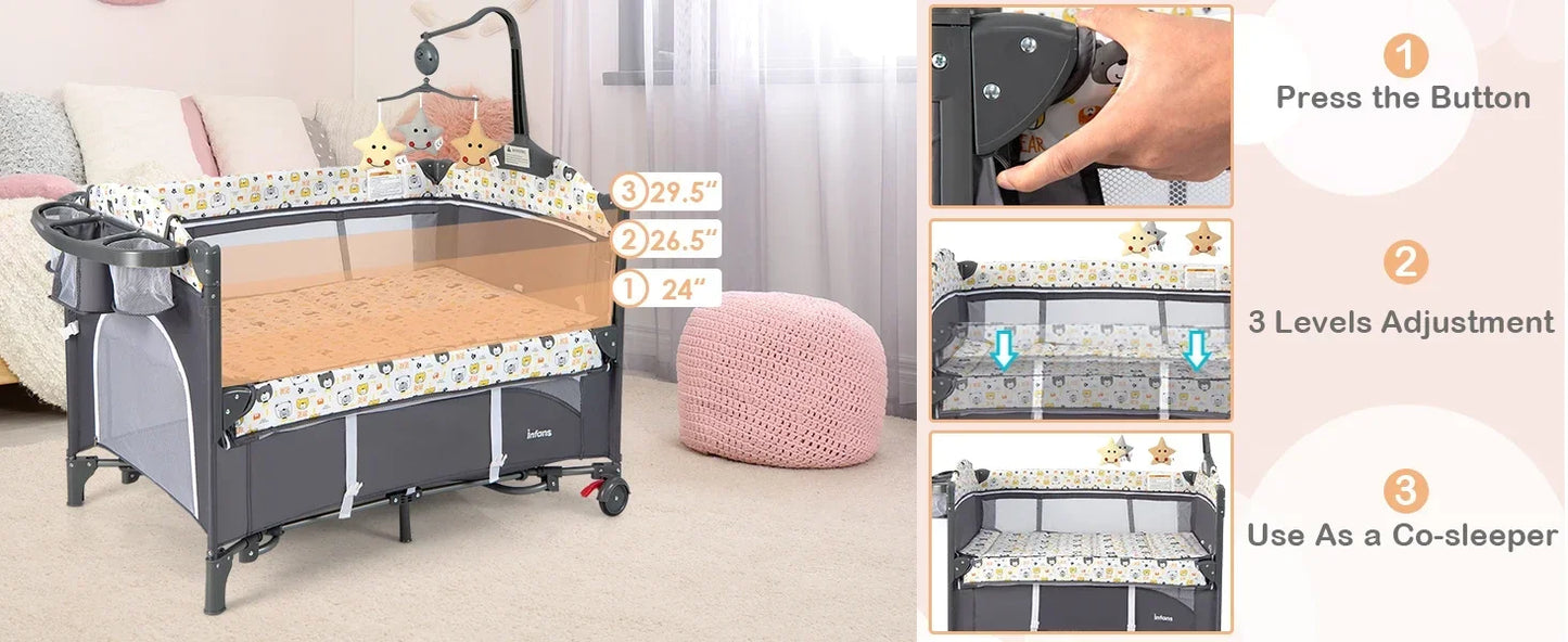 Multifunctional Baby Crib - Convertible Foldable Bed with Detachable Changing Table, Portable Co-Sleeper for Infants