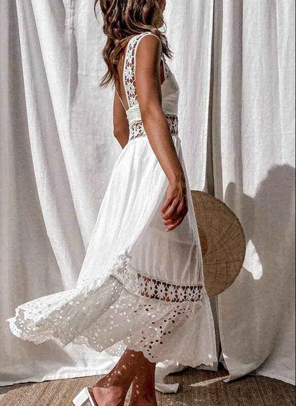 Women's Dress White Hollow Out Cotton Sundress Lace Sleeveless Long Splicing Summer Party Elegant Evening Woman Skirt Clothing - AIAZ