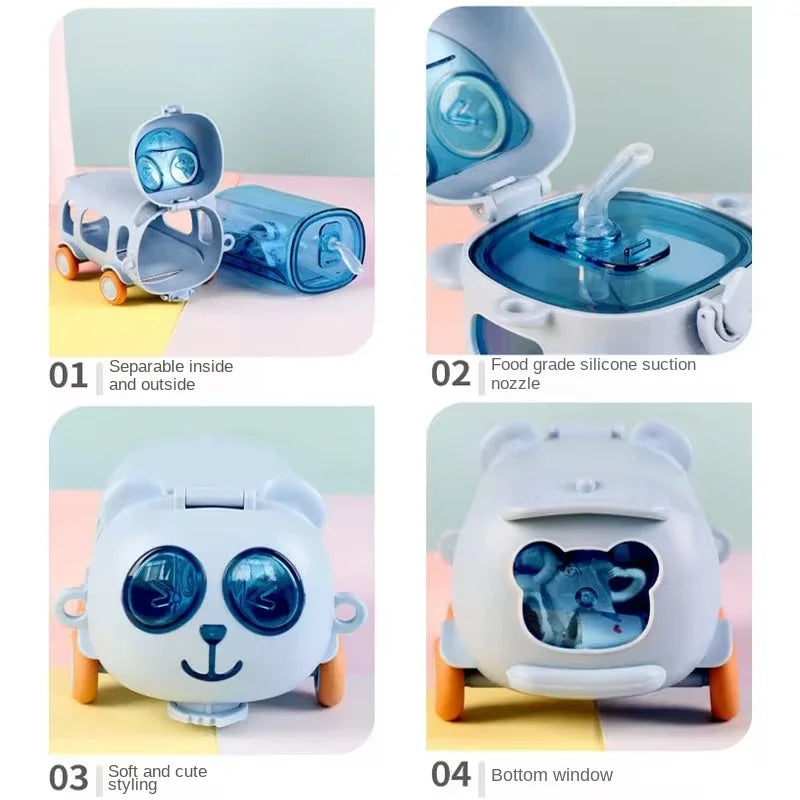 Baby Cute Panda Bus Portable Water Bottle with Shoulder Strap Kid Car Straw Water Cup Children's Water Bottle Drinking Cup