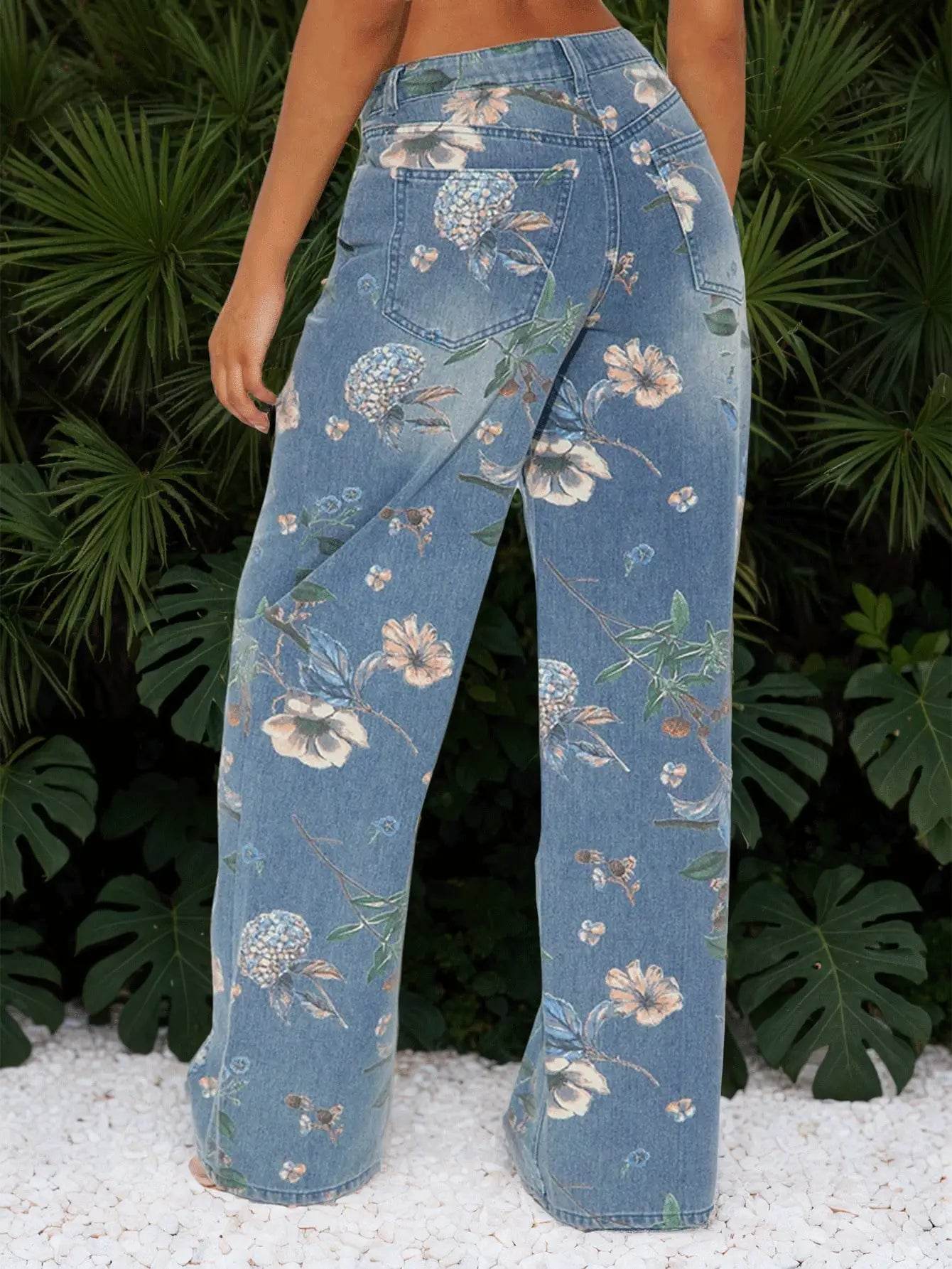 Women's Printed Straight-Leg Distressed Denim Jeans - Trendy Ripped Design for Casual Style - AIAZ