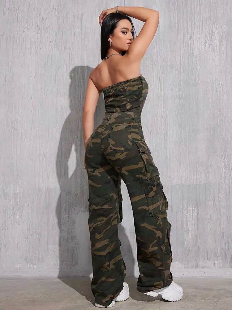 REDDACHiC Camouflage Button Front Denim Tube Jumpsuit Women Retro Y2k Function Pockets Sleeveless One-piece Overalls Work Wear - AIAZ