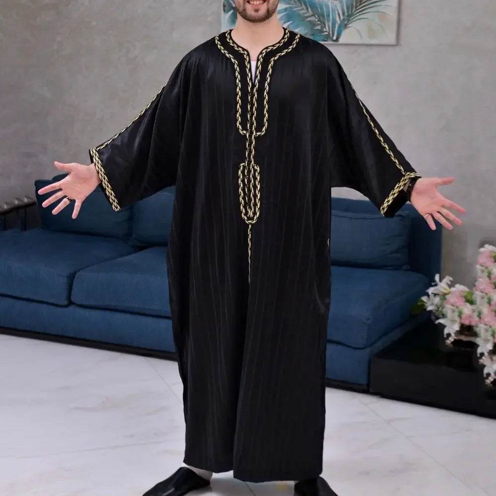 Men Muslim Summer Fashion Loose Robe Islam Kaftan Men Clothing Dubai Luxury Muslim Abaya Muslim V-neck Short Sleeve Printing - AIAZ