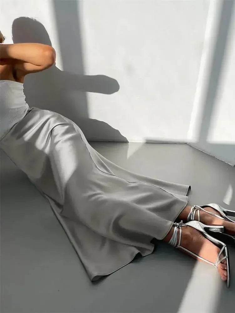 High Waisted Satin Long Skirts for Women Spring/Summer New 2025 Women's Skirt A-line Fashion Elegant Slim Fit Grey Black Skirt - AIAZ