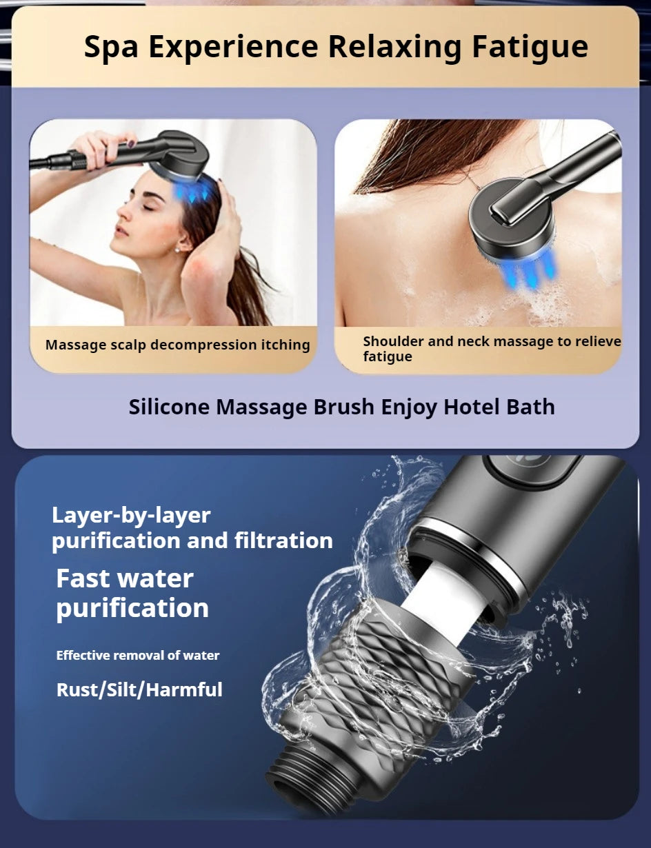 4 Modes Self-cleaning Shower Head with Silicone Brush One-Key Stop Water Massage High Pressure ABS Showerhead with Filter