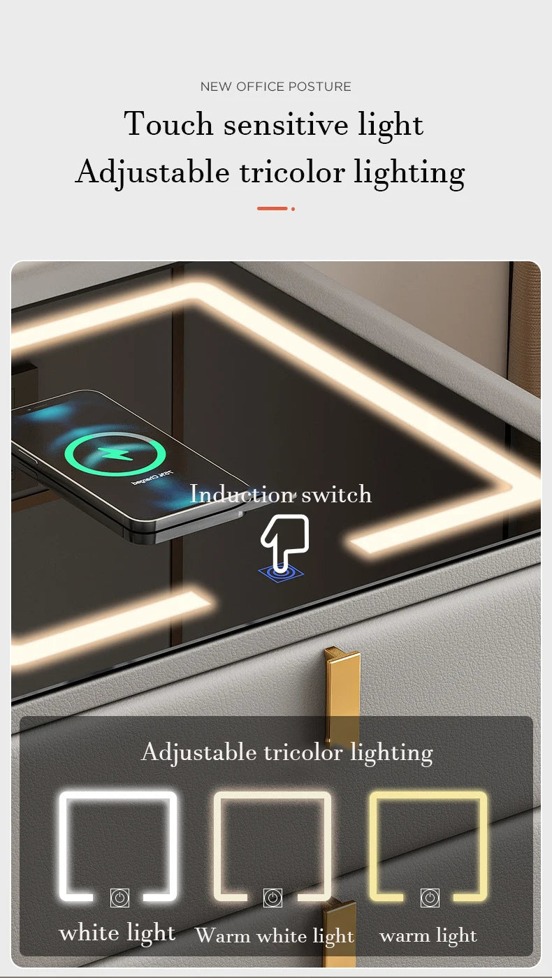 Intelligent Bedside Table Wireless Charge Three Color Night Light Bluetooth audio USB Interface Nightstands Bedroom Furniture