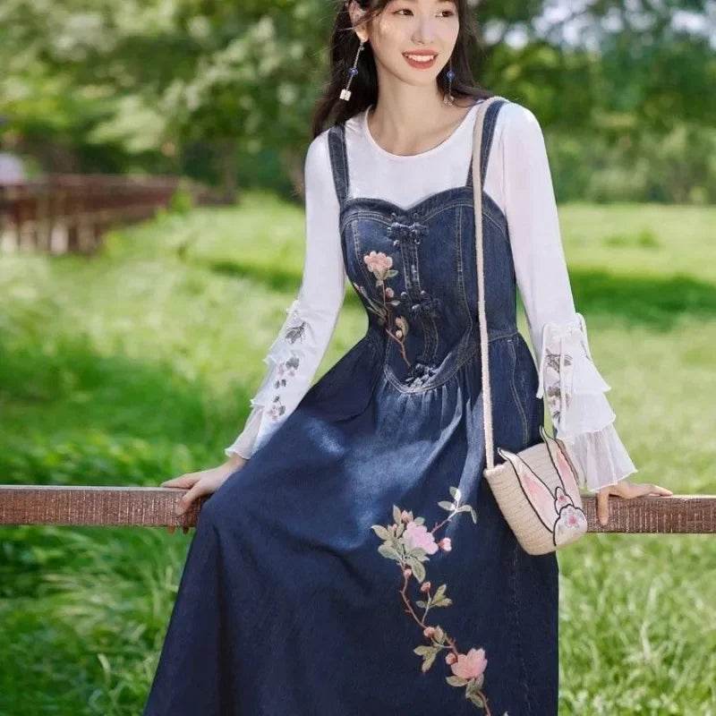 Embroidered Denim Dress For Women Spring Summer 2025 New Retro Versatile Waist Closure Long Denim Strap Dress Mujer Vestidos - AIAZ