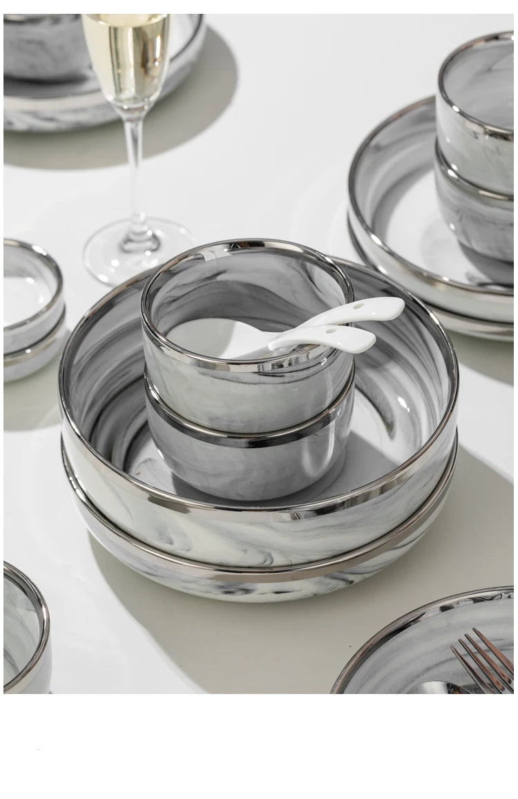 Light Luxury Ceramic Tableware Set Marble Fish Plates With Silver Rim Household Hotel LArge Capacity Soup Bowl Deep Plates