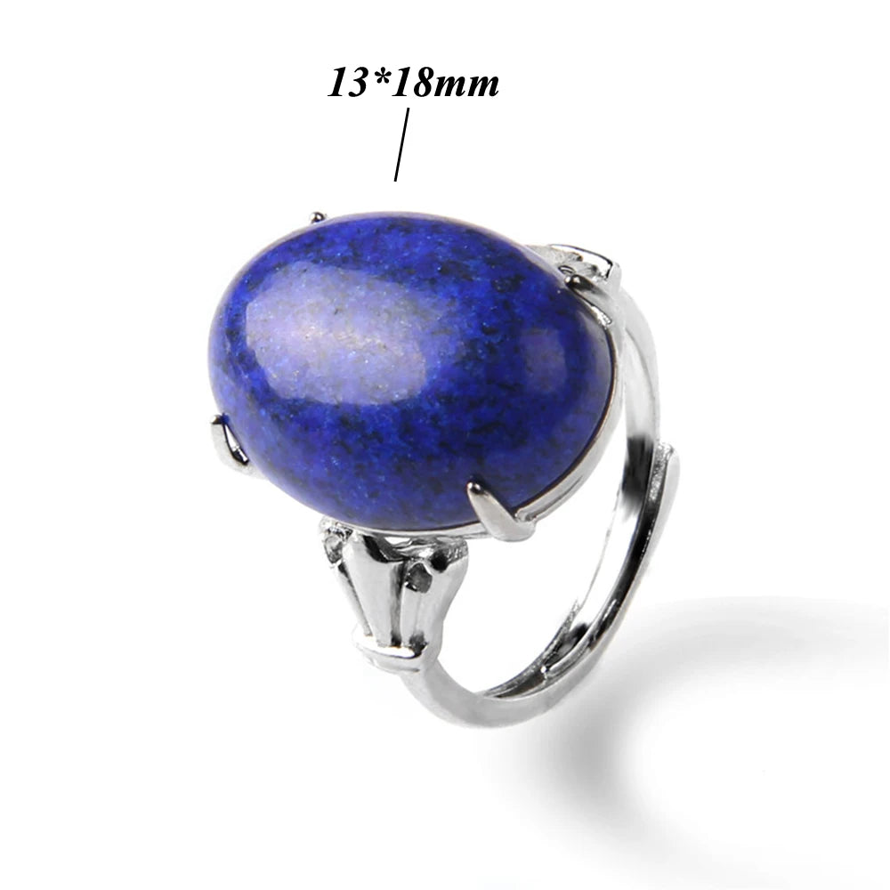 Cabochon Natural Stone Ring 10*14MM Oval Agates Turquois Quartzs Gem Finger Ring Silver Color Adjustable Open Rings Jewelry Gift