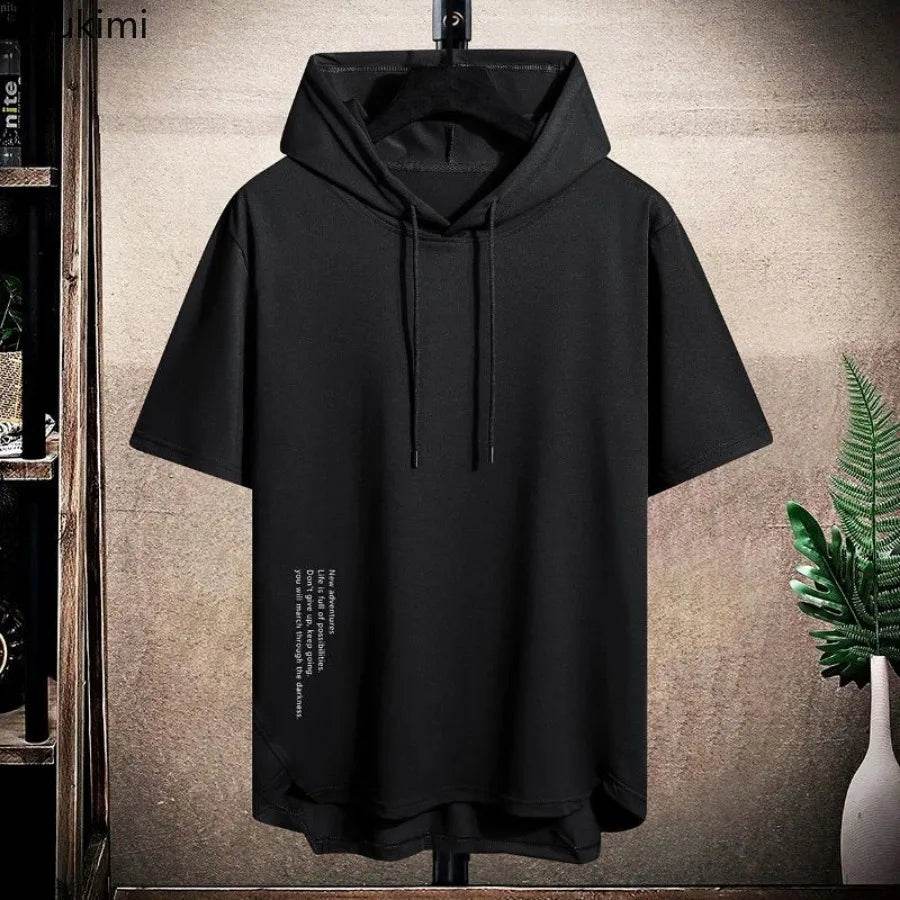 2025 Men's Summer Hoodies T-shirts Short Sleeve Solid Color Loose Hooded Drawstring Pullover Tops Basic Tees for Daily Wear Male - AIAZ