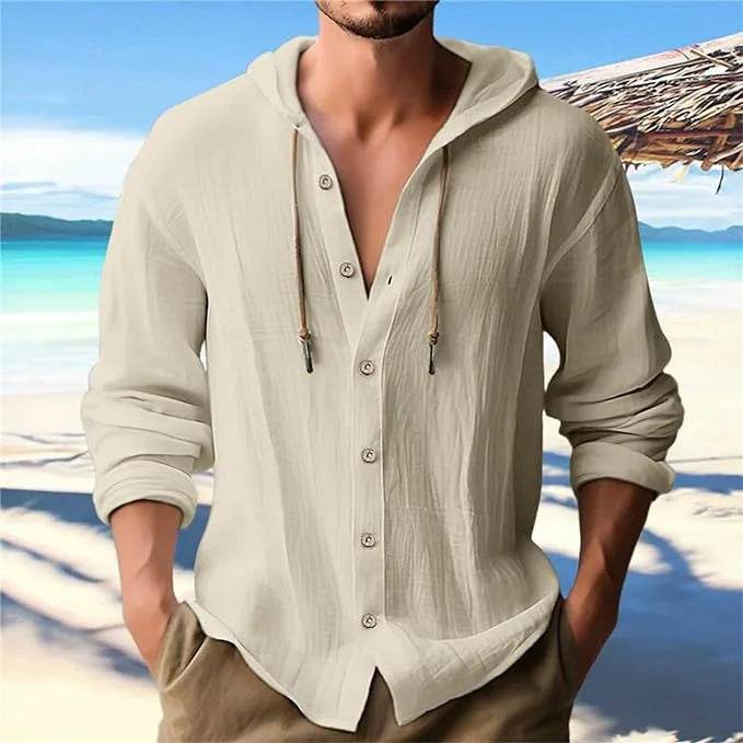 Men's T-shirt Long-sleeved Hooded Cotton Linen Buttons Basic Casual Street Fashion Top Streetwear Tees - AIAZ