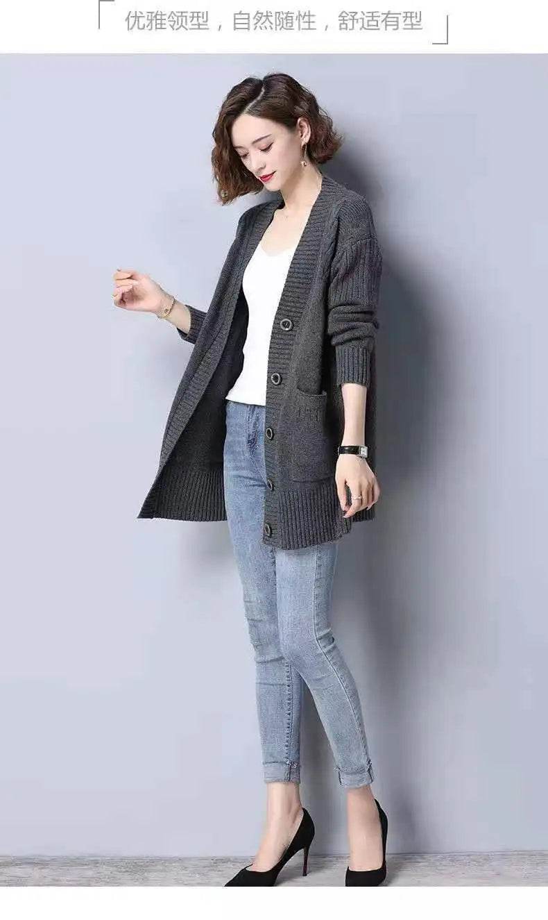 Knitted cardigan women's mid length westernized top autumn and winter new Korean version loose sweater age reducing jacket women - AIAZ