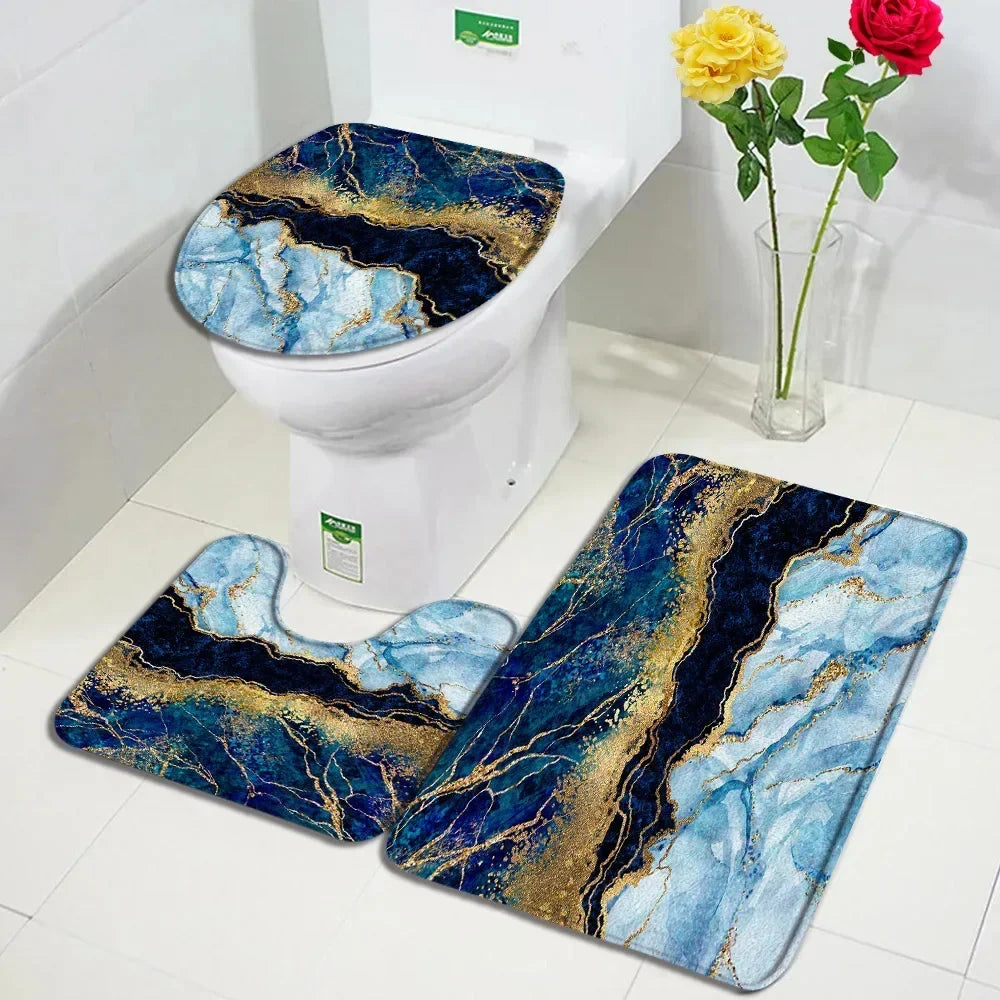 Abstract Marble Bath Mat Sets Modern Geometric Gold Lines Blue Texture Pattern Bathroom Decor Carpet Non-Slip Rugs Toilet Cover