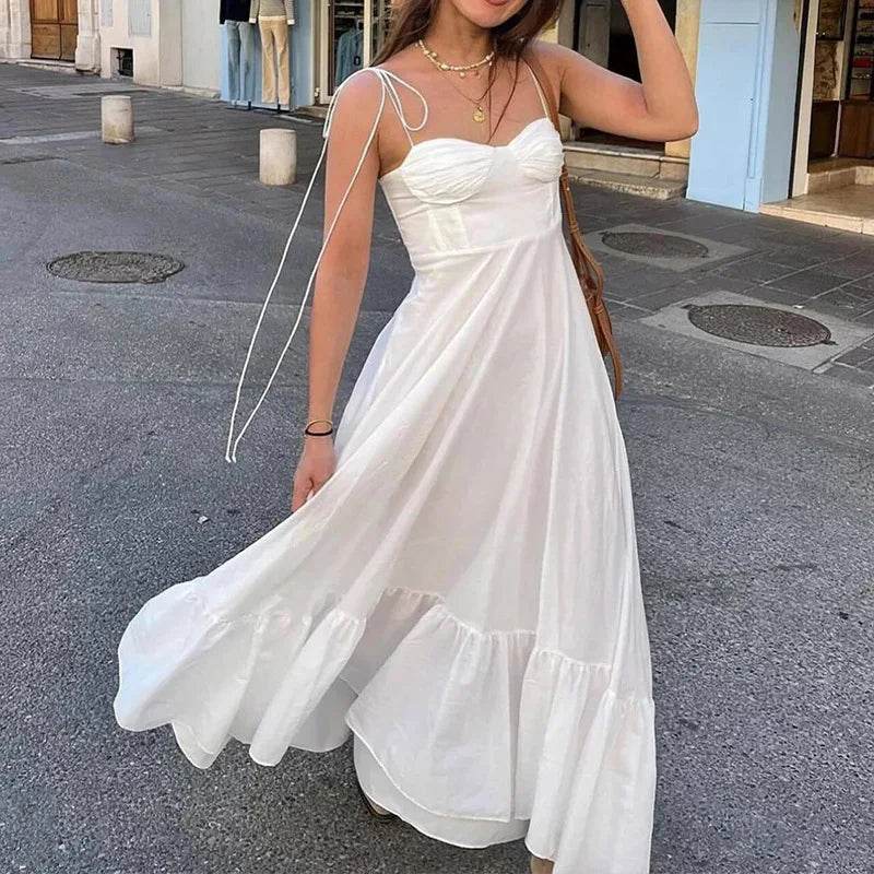 White Long Dresses For Women Ruffle Slip Corset Dress Woman Fashion Sleeveless Backless Summer Sexy Holiday Party Dresses - AIAZ